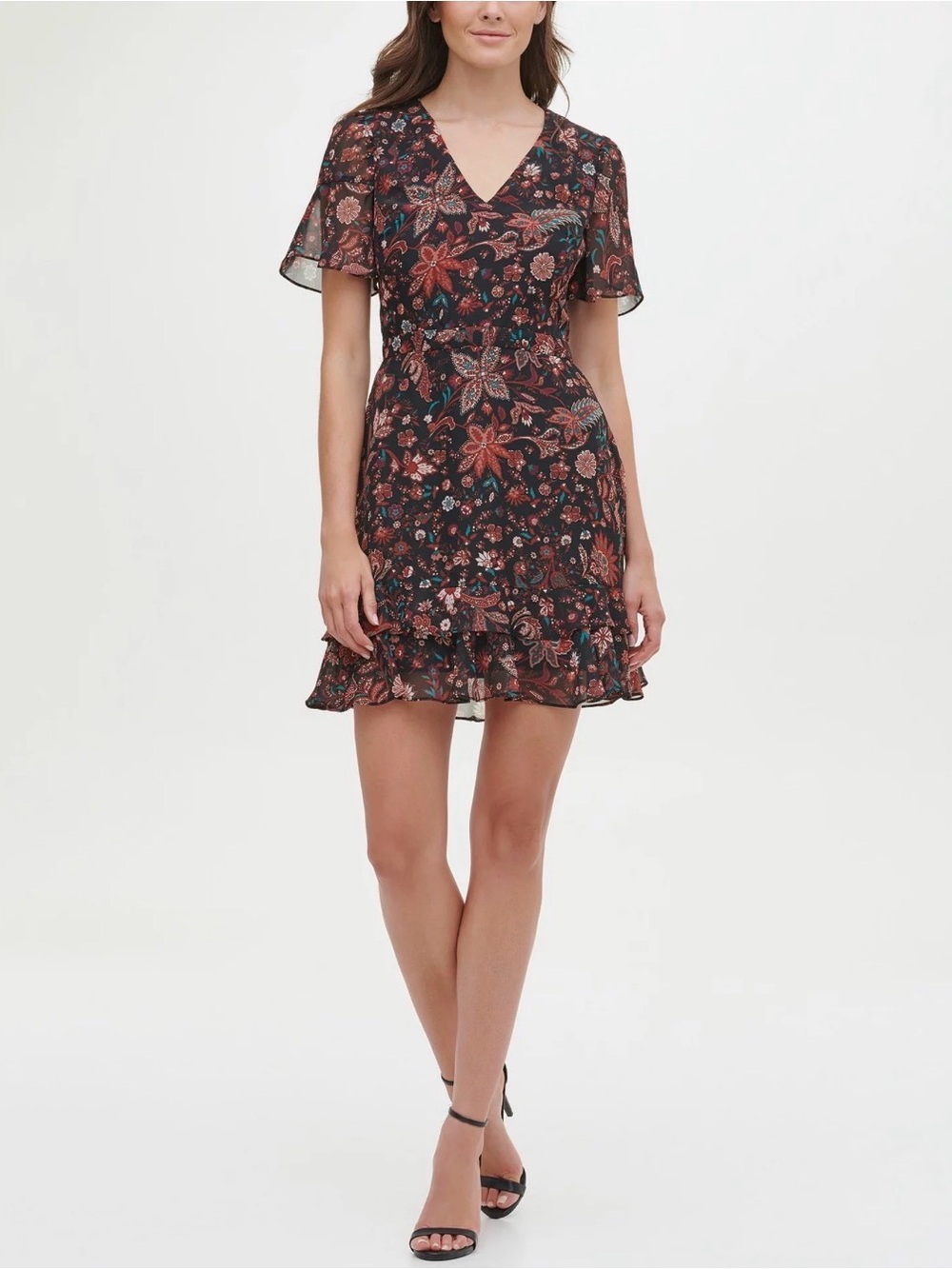 Kensie‎ Floral Chiffon Mini Dress 14 NWT Flutter Sleeve V Neck Ruffle Hem Boho